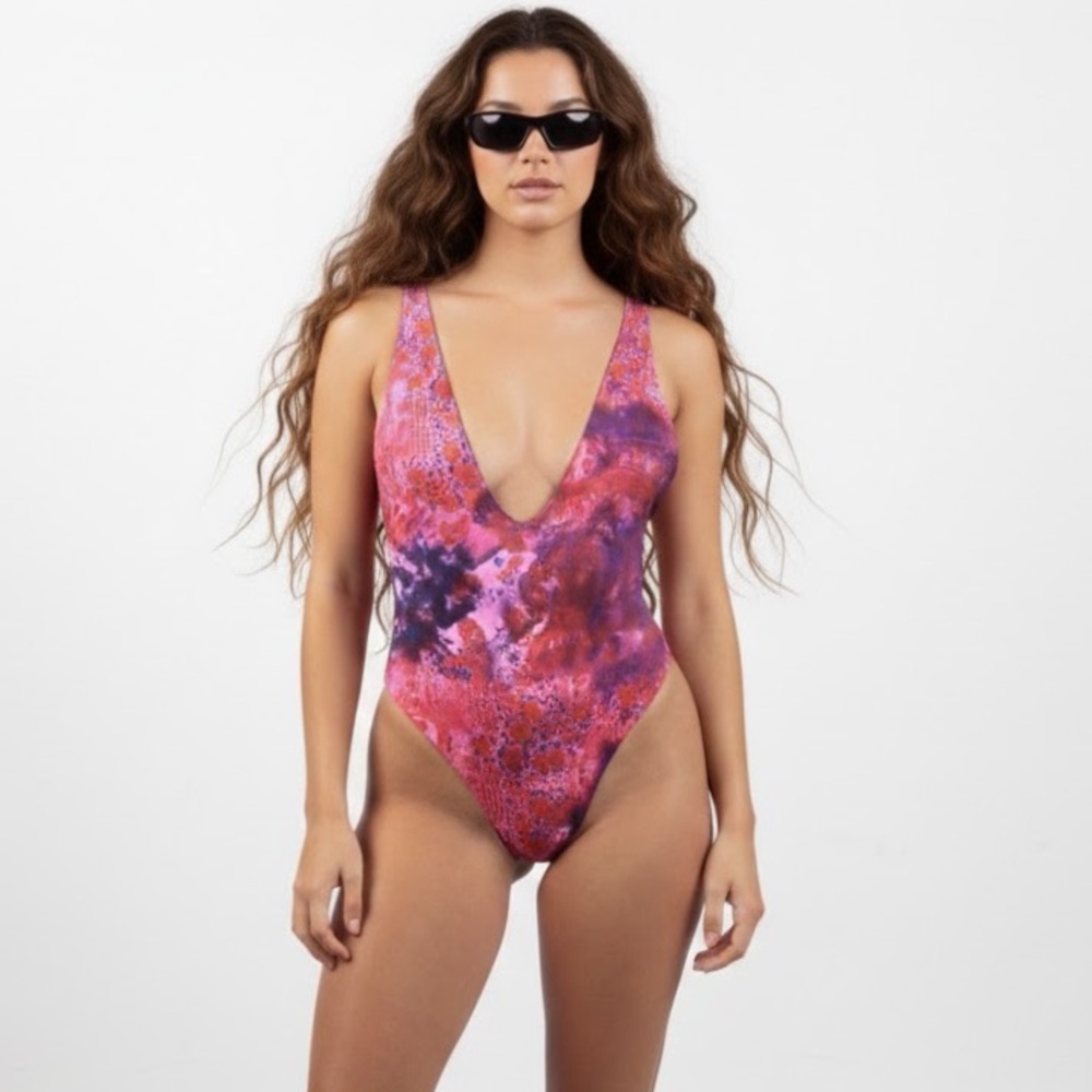 Pink and Purple Floral One Piece Swimsuit with V-Neckline